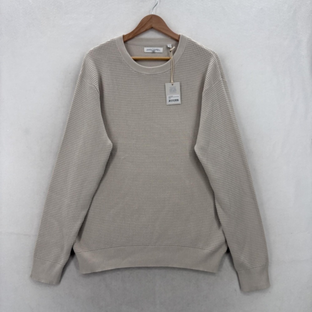 James Campbell Sweater Mens Large Beige Cotton Thermal Waffle Knit Crewneck NWT